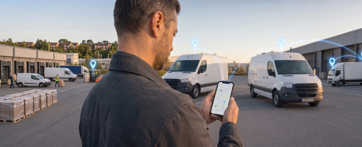 Fleet owner checking vehicle telematics alerts on a phone beside parked work vehicles
