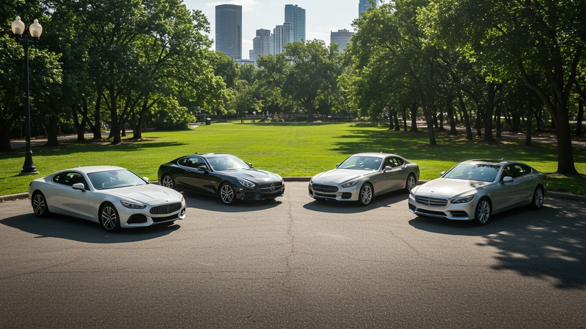 What Cars Have GPS Tracking Built-In? Full List & Alternatives. 4 European sports cars parked in a semi circle. The setting is a city park parking lot. The city can be seen in the background through the trees.