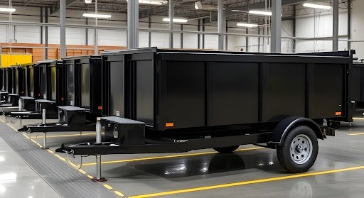 Row of black utility trailers in a parking lot