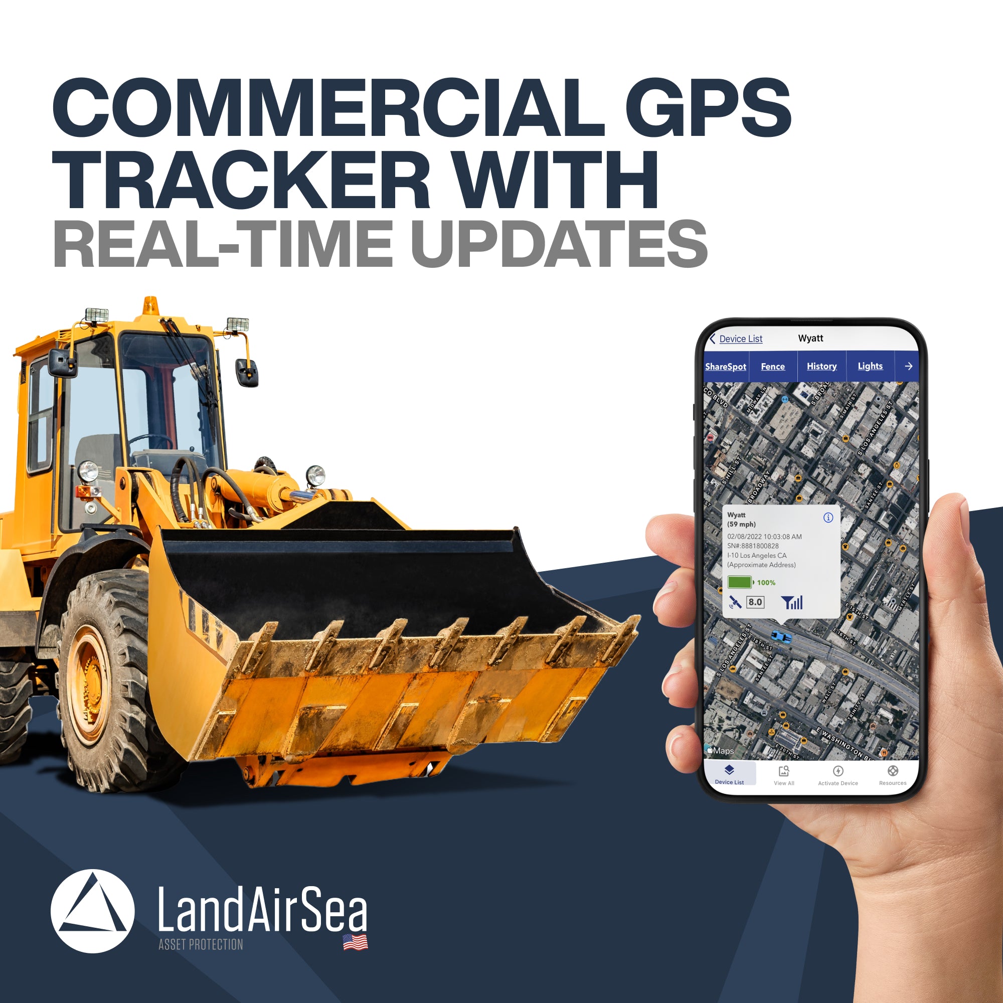 Close-up of a durable and compact LandAirSea GPS tracker designed for versatile tracking needs, including vehicles and personal use.