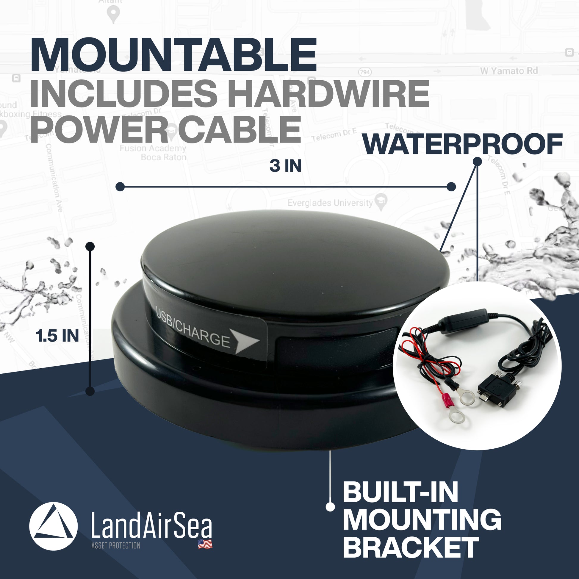 Compact LandAirSea GPS tracker with hardwire kit, ideal for continuous vehicle tracking and asset monitoring.