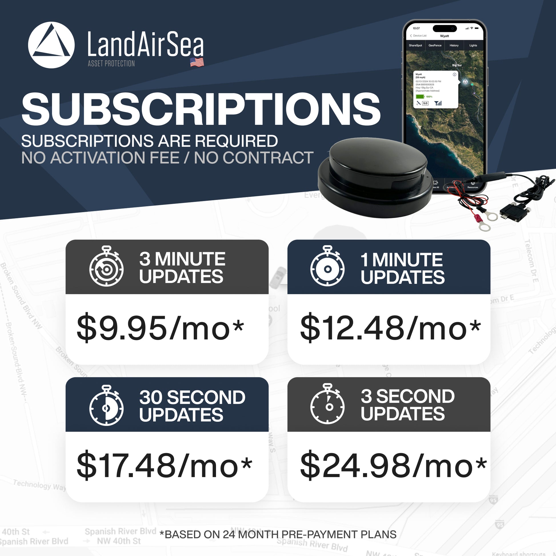 SUBSCRIPTIONS LandAirSea GPS tracker with user-friendly mobile app interface for real-time vehicle and asset tracking.