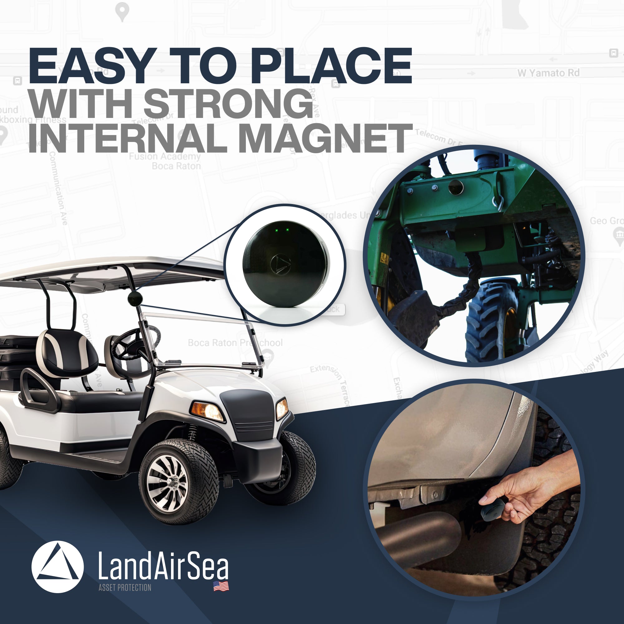 The ease of placing a GPS tracker with a strong internal magnet, shown attached to a golf cart and other vehicles for secure and discreet tracking.