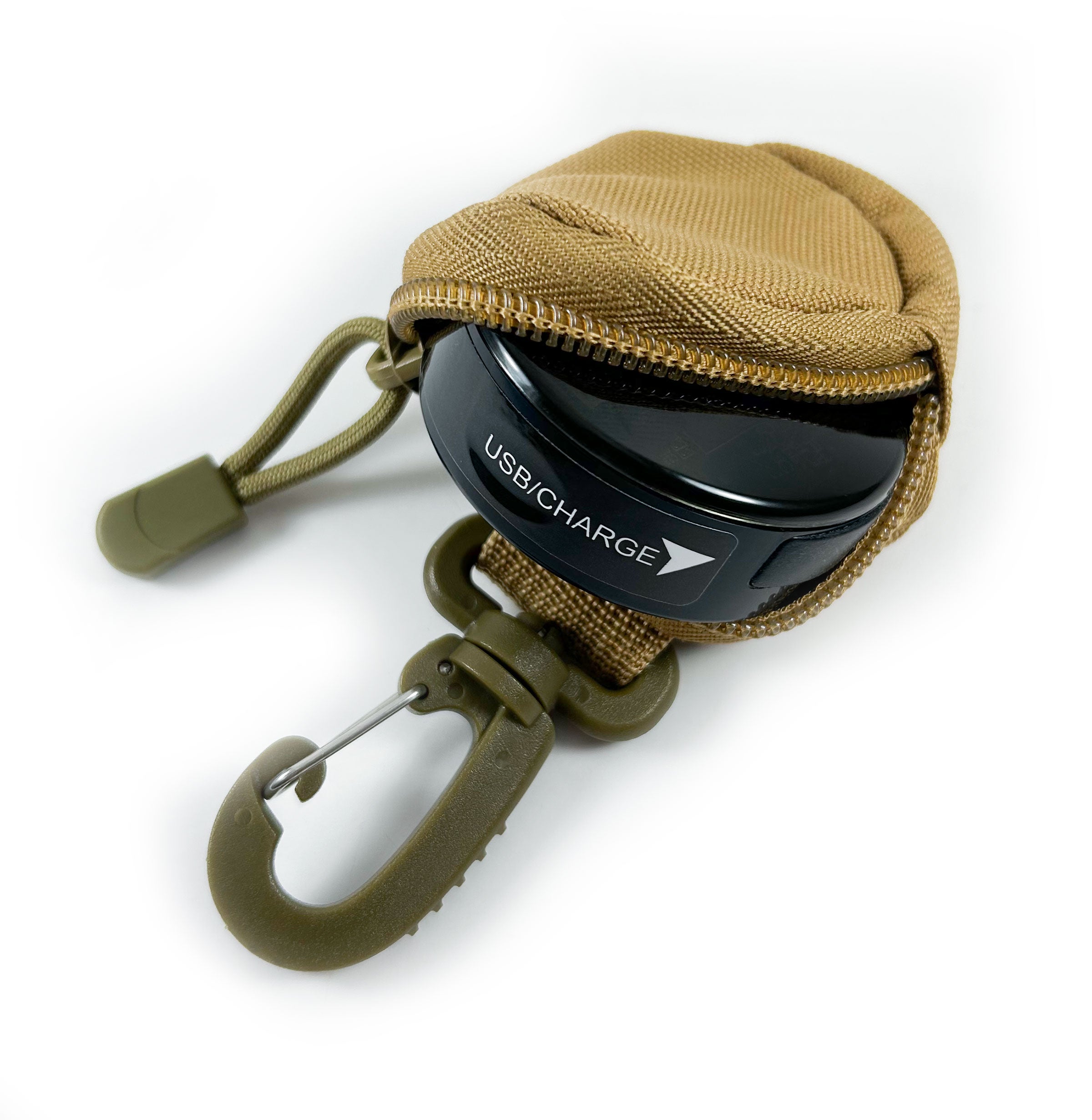 A black GPS tracking device featuring a carabiner clip for easy attachment to gear