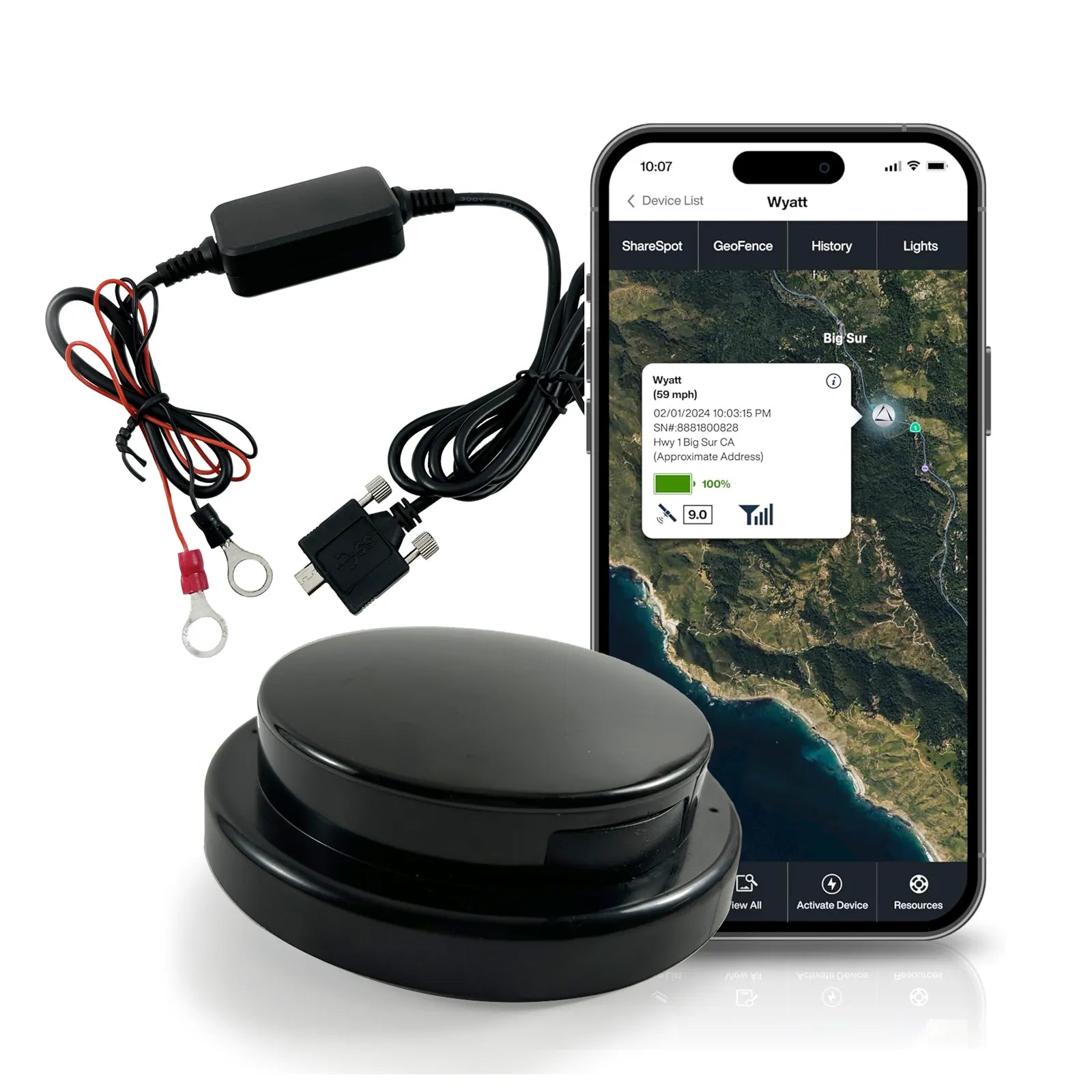 LandAirSea Overdrive Permanent hardwired GPS tracker with its cable