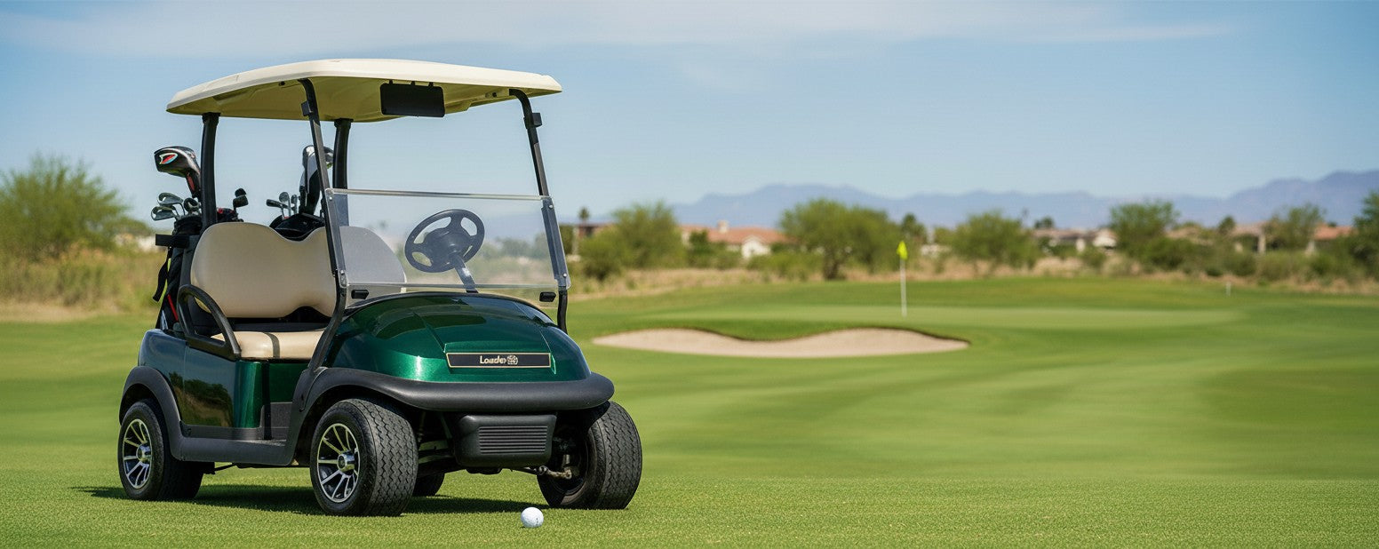 Close-up of a golf cart on a golf course with the putting green and flagstick in the background.