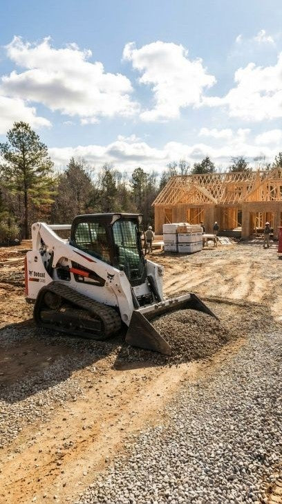 Skid loader moving gravel on a construction site.
