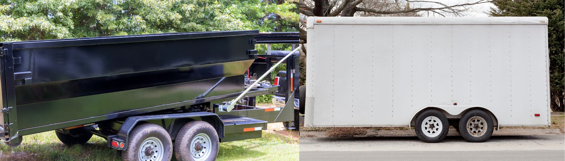 Two different types of trailers: a black dump trailer and a white enclosed trailer, with trees in the background.